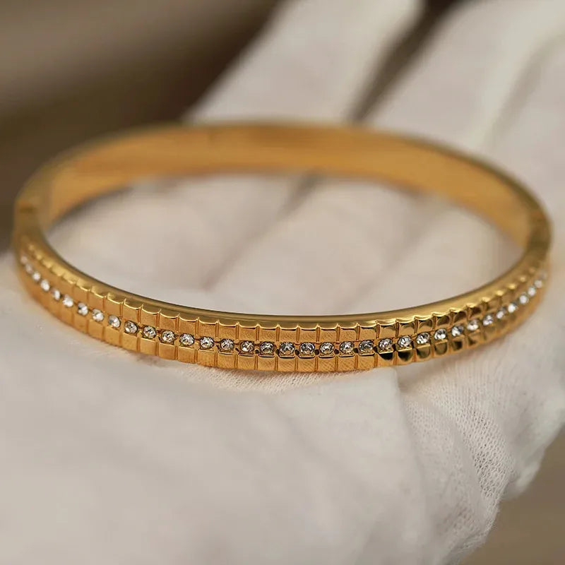 Luxurious Titanium Steel Zirconia Single Row Bracelet With Square Buckle Clasp Elegant Grid Pattern Vacuum Plated Gold Finish