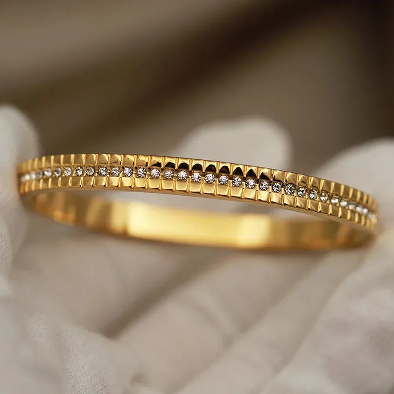 Luxurious Titanium Steel Zirconia Single Row Bracelet With Square Buckle Clasp Elegant Grid Pattern Vacuum Plated Gold Finish