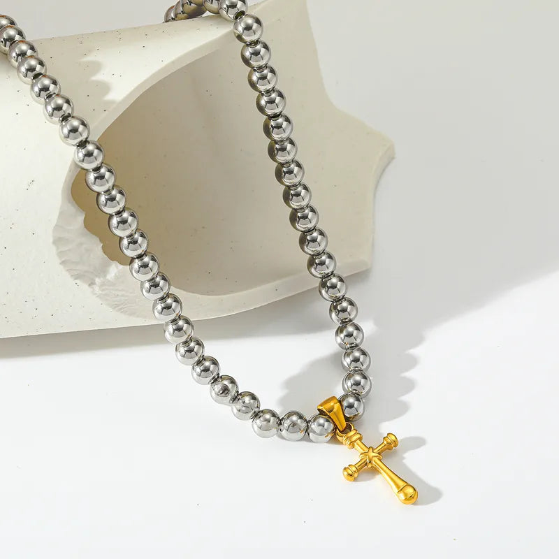 Luxury 18K Gold Plated Stainless Steel Cross Pendant Beaded Necklace Women Casual Style Weekend Indoor Holiday Jewelry Accessory
