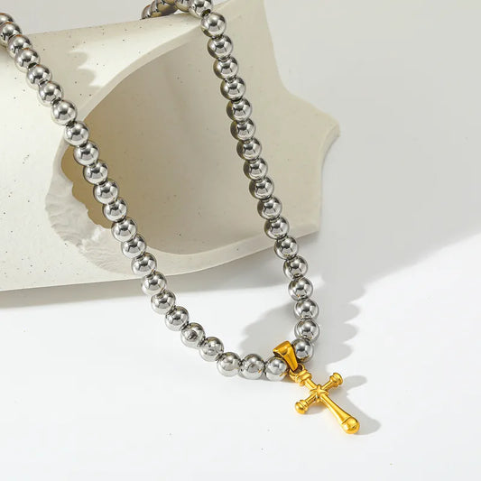 Luxury 18K Gold Plated Stainless Steel Cross Pendant Beaded Necklace Women Casual Style Weekend Indoor Holiday Jewelry Accessory
