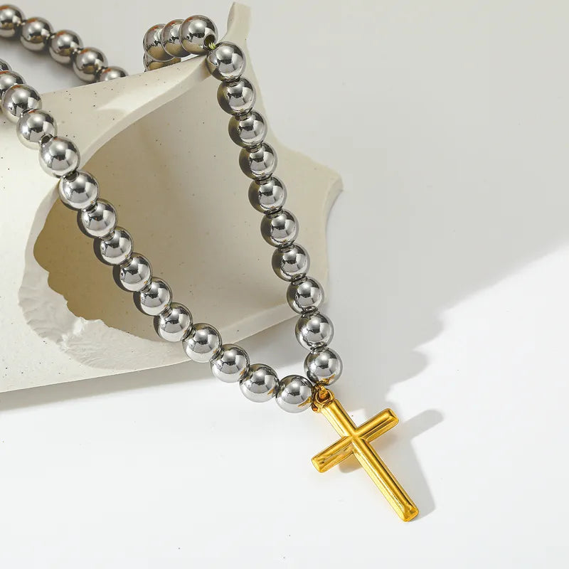 Luxury 18K Gold Plated Stainless Steel Cross Pendant Beaded Necklace Women Casual Style Weekend Indoor Holiday Jewelry Accessory