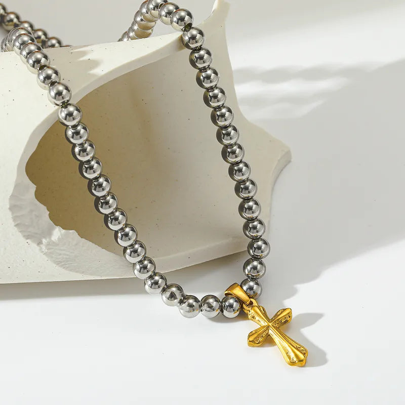 Luxury 18K Gold Plated Stainless Steel Cross Pendant Beaded Necklace Women Casual Style Weekend Indoor Holiday Jewelry Accessory
