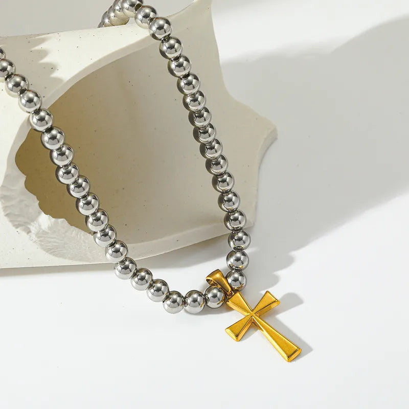 Luxury 18K Gold Plated Stainless Steel Cross Pendant Beaded Necklace Women Casual Style Weekend Indoor Holiday Jewelry Accessory