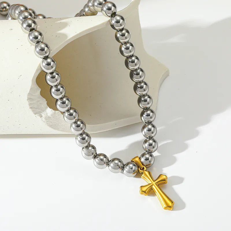 Luxury 18K Gold Plated Stainless Steel Cross Pendant Beaded Necklace Women Casual Style Weekend Indoor Holiday Jewelry Accessory