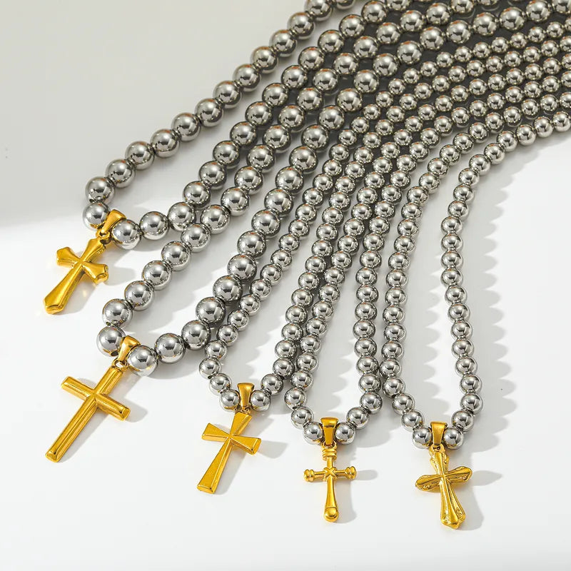 Luxury 18K Gold Plated Stainless Steel Cross Pendant Beaded Necklace Women Casual Style Weekend Indoor Holiday Jewelry Accessory