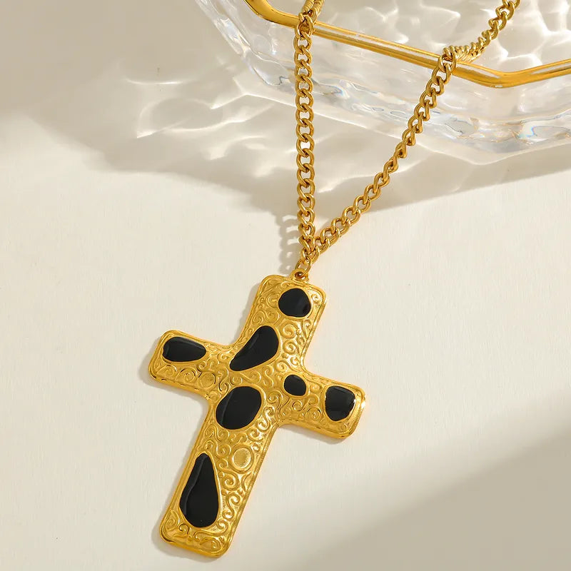 Luxury Design 18K Gold Plated Stainless Steel Cross Pendant Necklace Women's Casual Romantic Commute Jewelry Cable Chain