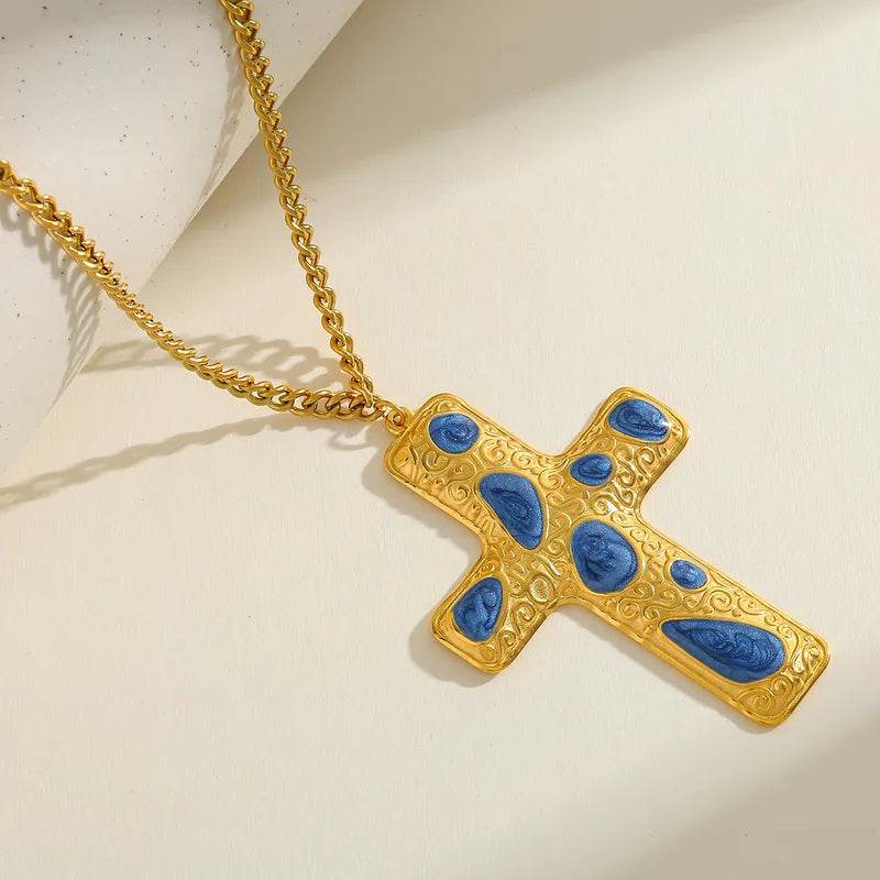 Luxury Design 18K Gold Plated Stainless Steel Cross Pendant Necklace Women's Casual Romantic Commute Jewelry Cable Chain