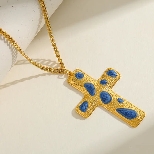 Luxury Design 18K Gold Plated Stainless Steel Cross Pendant Necklace Women's Casual Romantic Commute Jewelry Cable Chain