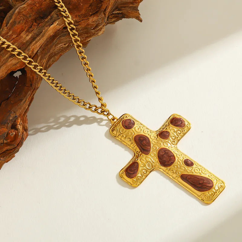 Luxury Design 18K Gold Plated Stainless Steel Cross Pendant Necklace Women's Casual Romantic Commute Jewelry Cable Chain