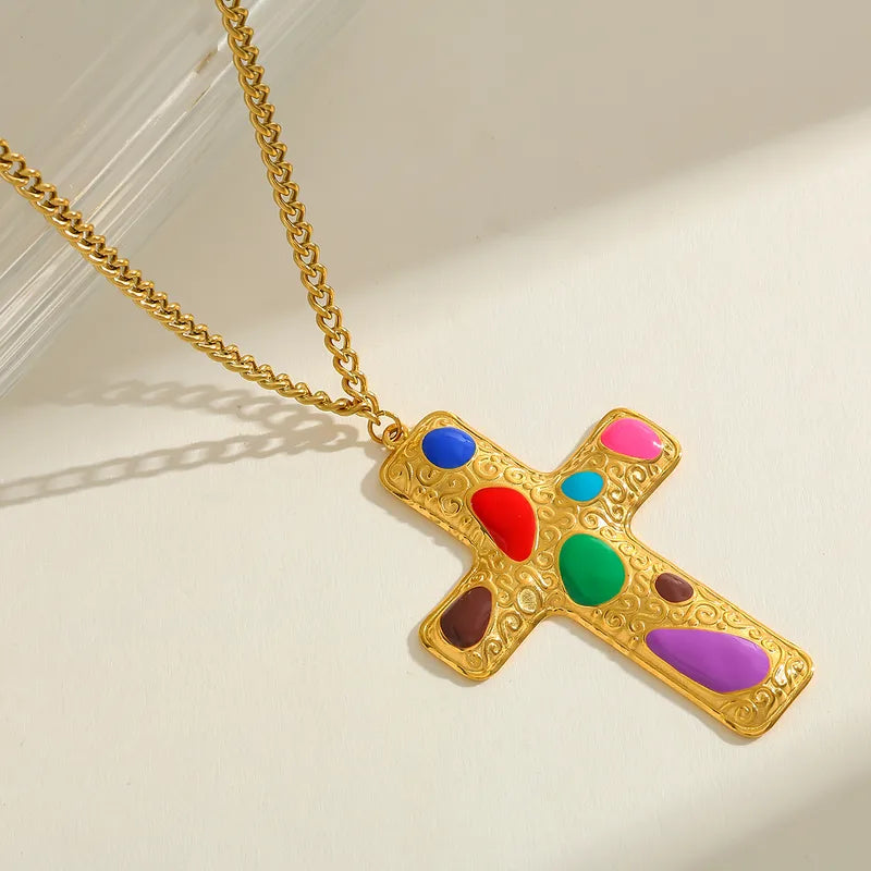 Luxury Design 18K Gold Plated Stainless Steel Cross Pendant Necklace Women's Casual Romantic Commute Jewelry Cable Chain