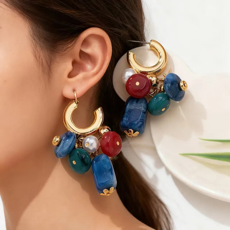 Meilade New Chinese Style Color-Block Beaded Acrylic Irregular Beads Color-Block Tassel Hoop Earrings Design