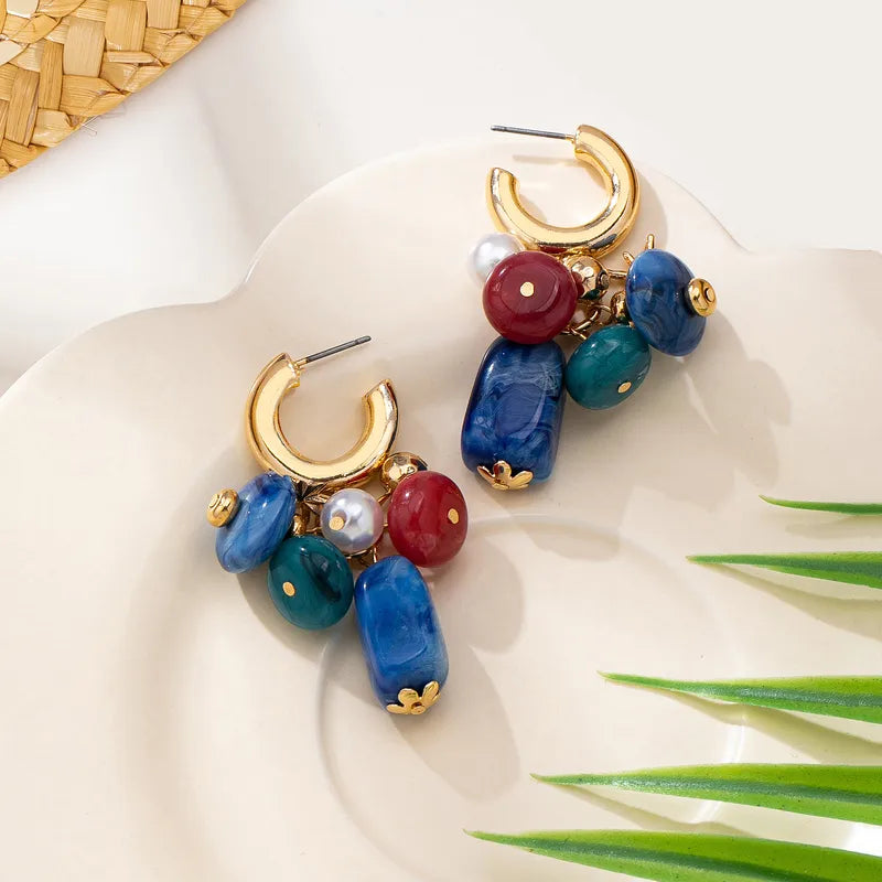 Meilade New Chinese Style Color-Block Beaded Acrylic Irregular Beads Color-Block Tassel Hoop Earrings Design