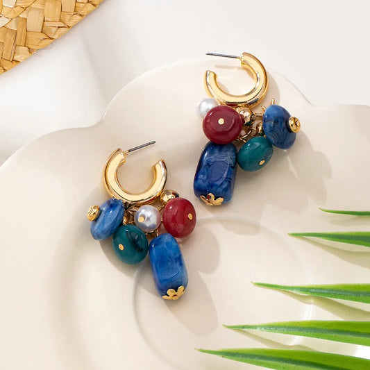 Meilade New Chinese Style Color-Block Beaded Acrylic Irregular Beads Color-Block Tassel Hoop Earrings Design