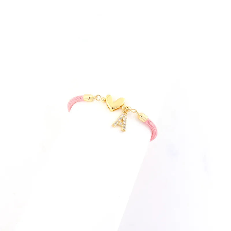 Micro Pave Zircon 18K Gold Plated Initial Heart Adjustable Women's Pink Bracelet Waterproof Non-Fading Pure Cord Drawstring Bracelet Nylon Copper Material