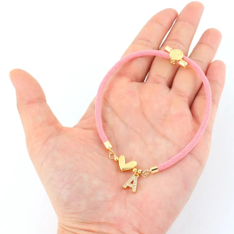 Micro Pave Zircon 18K Gold Plated Initial Heart Adjustable Women's Pink Bracelet Waterproof Non-Fading Pure Cord Drawstring Bracelet Nylon Copper Material