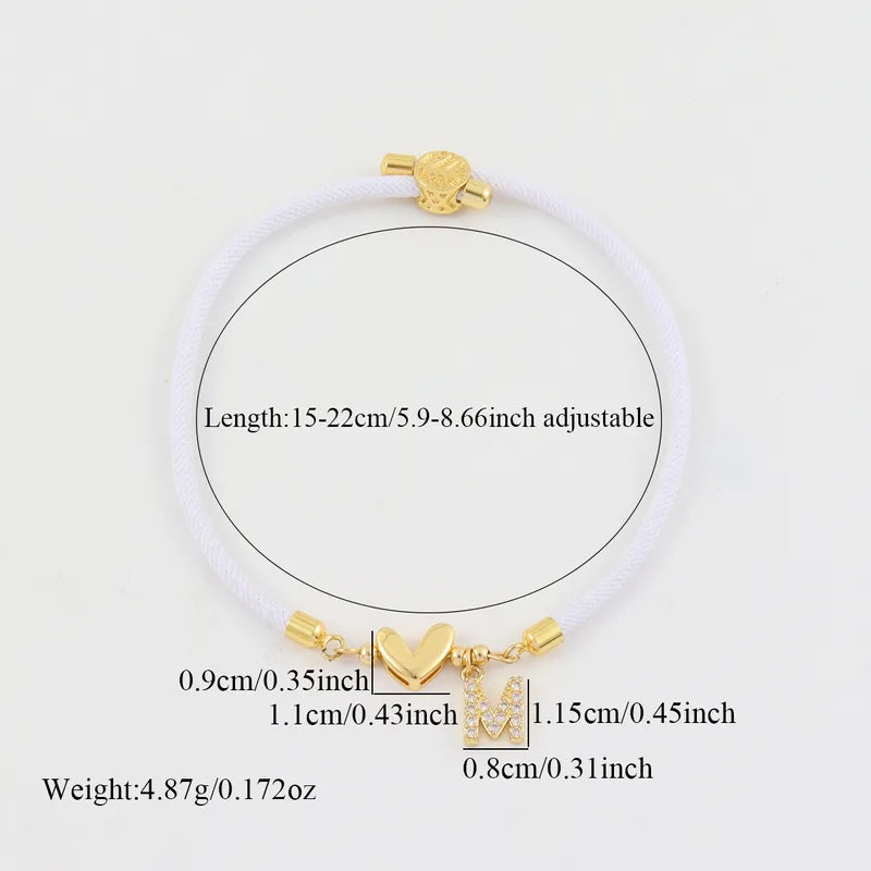Micro Pave Zircon Initial Heart Adjustable Women's Bracelet 18K Gold Plated Pure Rope Drawstring Waterproof Non-Fading