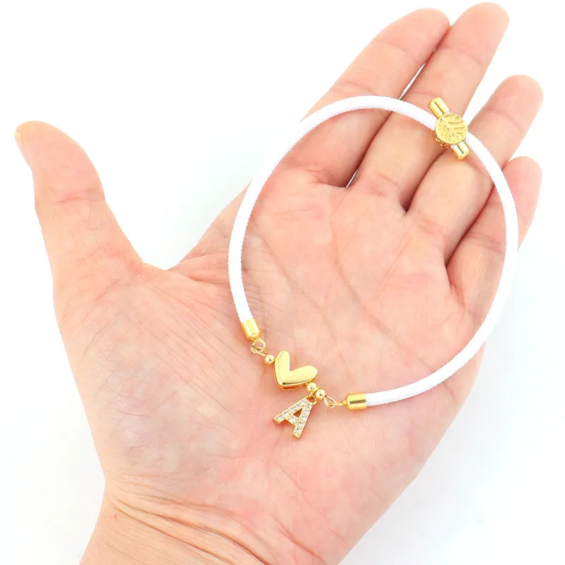 Micro Pave Zircon Initial Heart Adjustable Women's Bracelet 18K Gold Plated Pure Rope Drawstring Waterproof Non-Fading