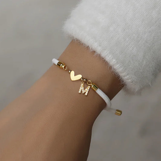 Micro Pave Zircon Initial Heart Adjustable Women's Bracelet 18K Gold Plated Pure Rope Drawstring Waterproof Non-Fading