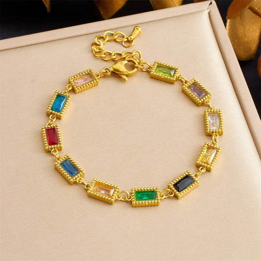 Micro-inlaid Geometric Colorful Gemstone Chain Bracelet Oval Water Drop Square Women's Stainless Steel Jewelry Accessories