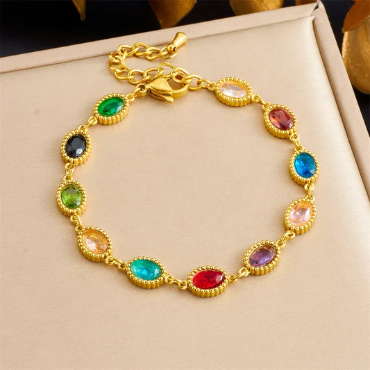 Micro-inlaid Geometric Colorful Gemstone Chain Bracelet Oval Water Drop Square Women's Stainless Steel Jewelry Accessories