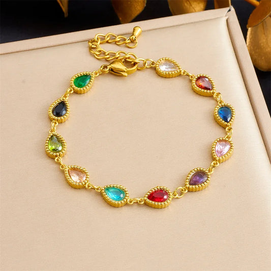 Micro-inlaid Geometric Colorful Gemstone Chain Bracelet Oval Water Drop Square Women's Stainless Steel Jewelry Accessories
