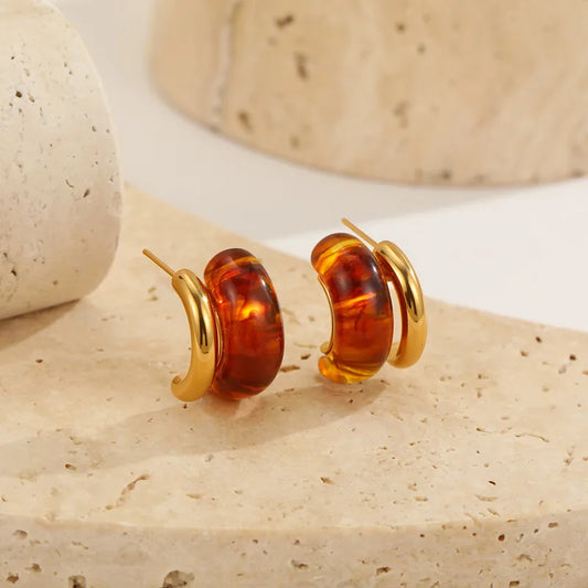 Minimalist Ice Transparent 18K Gold Plated Resin C-Shaped Earrings For Women, Elegant Geometric Stud Earrings