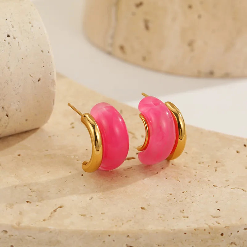 Minimalist Ice Transparent 18K Gold Plated Resin C-Shaped Earrings For Women, Elegant Geometric Stud Earrings