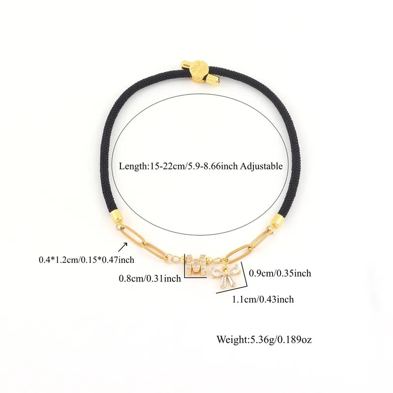 Minimalist Micro Pave Zirconia 18K Gold Plated Initial Bow Pendant Adjustable Women's Bracelet