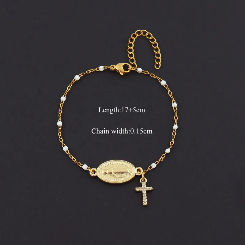 Minimalist Oval Virgin Mary Micro Pave Zircon Cross Pendant 18K Gold Plated Multicolor Oil Drop Chain Women's Bracelet