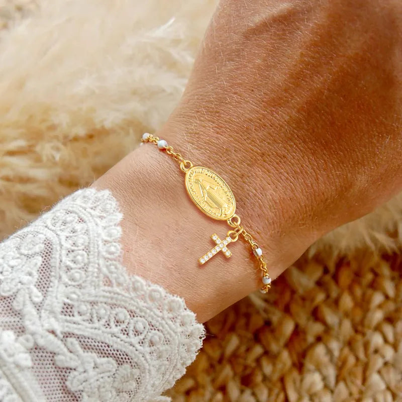 Minimalist Oval Virgin Mary Micro Pave Zircon Cross Pendant 18K Gold Plated Multicolor Oil Drop Chain Women's Bracelet