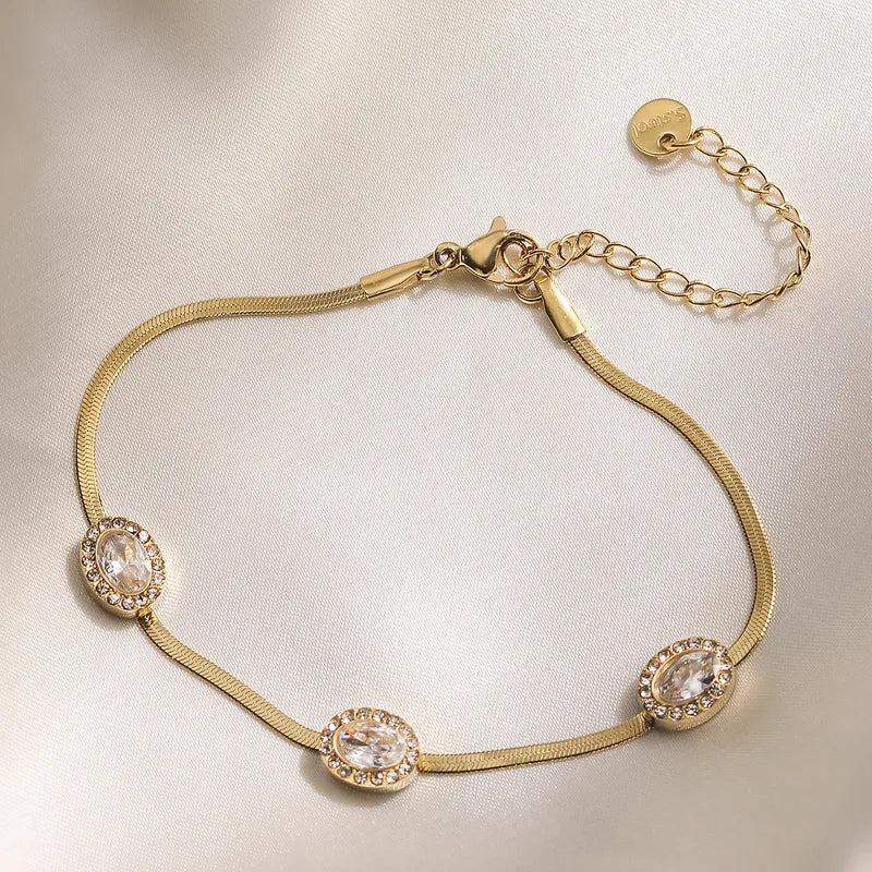 Minimalist Vacuum Electroplated 18K Gold Plated Zircon Inlaid 304 Stainless Steel Geometric Snake Chain Bracelet For Women