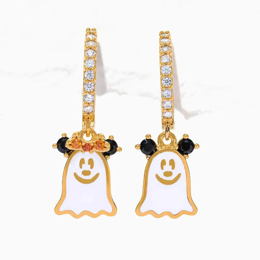 1 Set Halloween IG Style Pumpkin Ghost Bow Knot Plating Copper Zircon Ear Studs