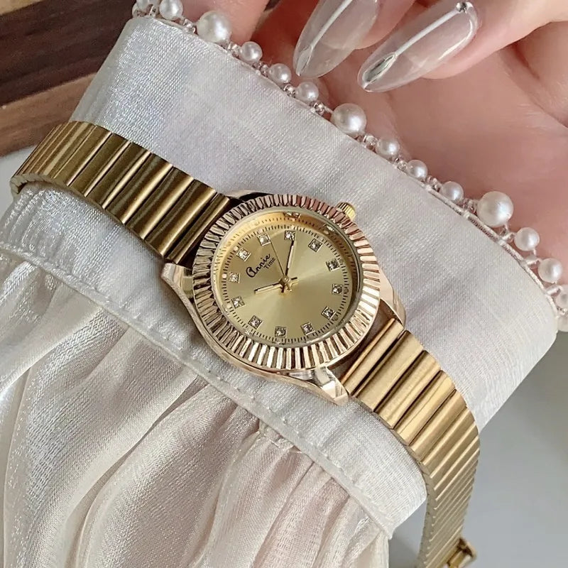 Classic Business Quartz Watch Adjustable Bamboo Node Steel Belt Small Golden Watch Versatile Gold Tone Couple Watch