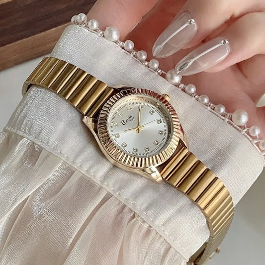 Classic Business Quartz Watch Adjustable Bamboo Node Steel Belt Small Golden Watch Versatile Gold Tone Couple Watch