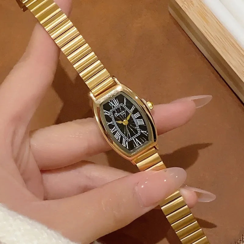 Retro Luxury Bamboo Steel Band Women's Quartz Watch Vintage Barrel Shape Wristwatch For Office Commuting Elegant Timepiece