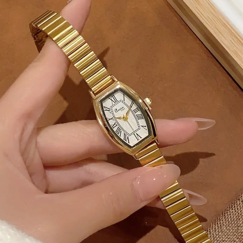 Retro Luxury Bamboo Steel Band Women's Quartz Watch Vintage Barrel Shape Wristwatch For Office Commuting Elegant Timepiece