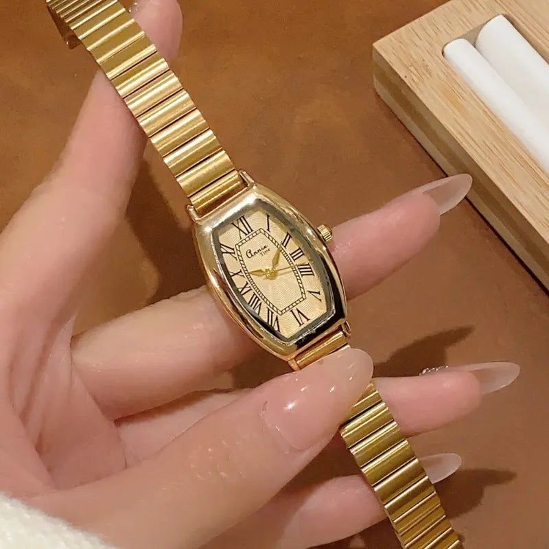 Retro Luxury Bamboo Steel Band Women's Quartz Watch Vintage Barrel Shape Wristwatch For Office Commuting Elegant Timepiece
