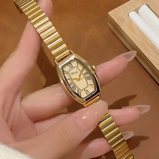 Retro Luxury Bamboo Steel Band Women's Quartz Watch Vintage Barrel Shape Wristwatch For Office Commuting Elegant Timepiece