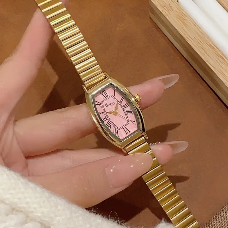 Retro Luxury Bamboo Steel Band Women's Quartz Watch Vintage Barrel Shape Wristwatch For Office Commuting Elegant Timepiece