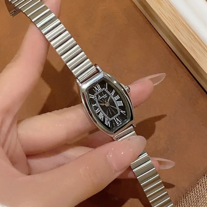 Retro Luxury Bamboo Steel Band Women's Quartz Watch Vintage Barrel Shape Wristwatch For Office Commuting Elegant Timepiece