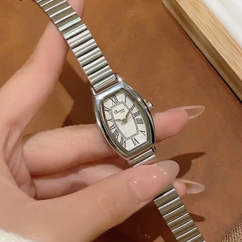 Retro Luxury Bamboo Steel Band Women's Quartz Watch Vintage Barrel Shape Wristwatch For Office Commuting Elegant Timepiece