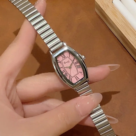 Retro Luxury Bamboo Steel Band Women's Quartz Watch Vintage Barrel Shape Wristwatch For Office Commuting Elegant Timepiece