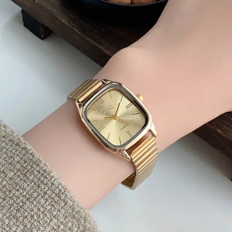Elegant Minimalist Gold Bamboo Node Stainless Steel Band Women's Watch For Business Square Display Quartz Movement