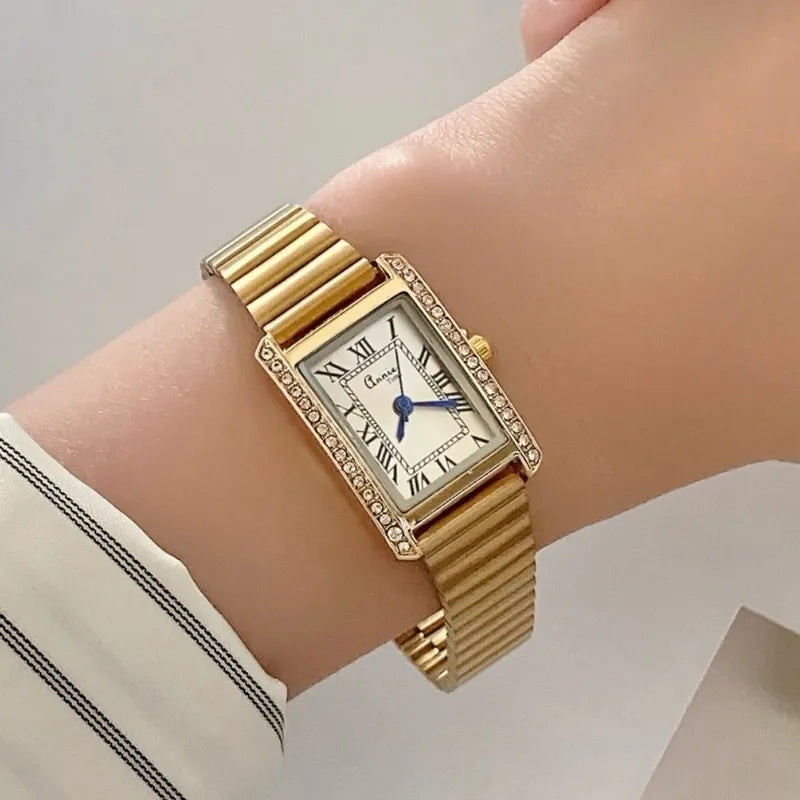 Ladies Square Diamond Embedded Watch Simple Luxury Bamboo Node Steel Band Quartz Wristwatch American Style Rectangular Dial