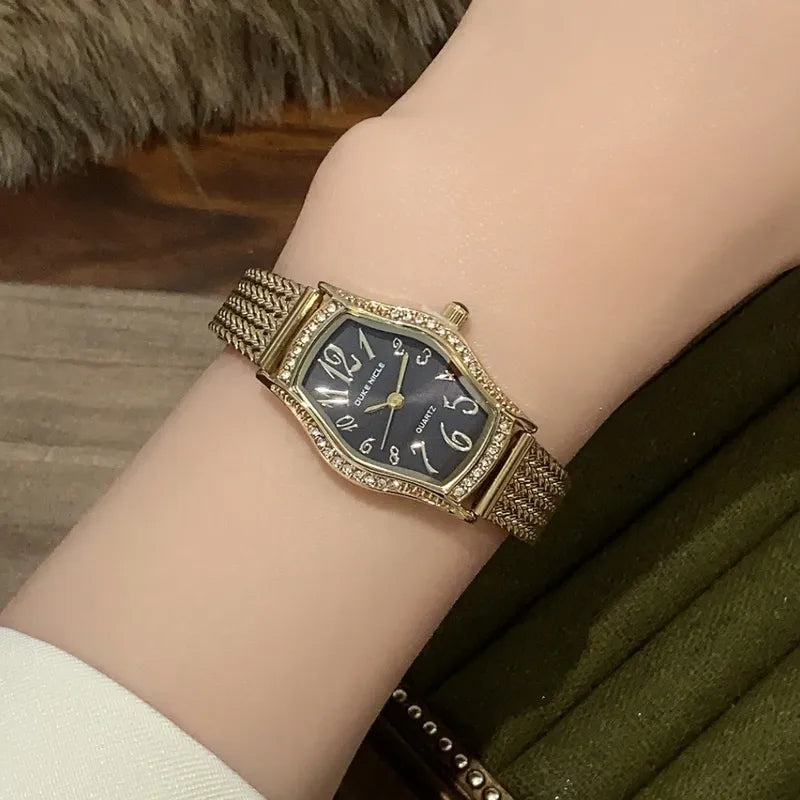 Sunlifex Gold Barrel Shaped Digital Women's Watch With Quartz Movement Vintage Style Wheat Ear Strap Luxury Timepiece