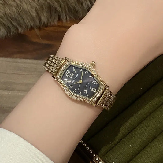 Sunlifex Gold Barrel Shaped Digital Women's Watch With Quartz Movement Vintage Style Wheat Ear Strap Luxury Timepiece