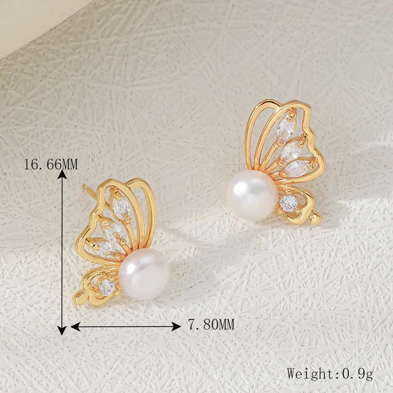 Natural Pearl Embedded Copper Plated 18K Gold Butterfly Earrings Fashionable Casual Romantic Commute Suitable For All Seasons