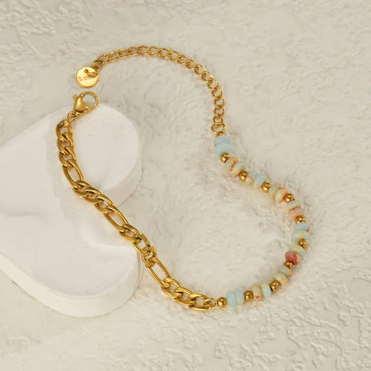 Natural Stone Bead Bracelet For Women Simple Stainless Steel 18K Gold Plated NK Chain Geometric