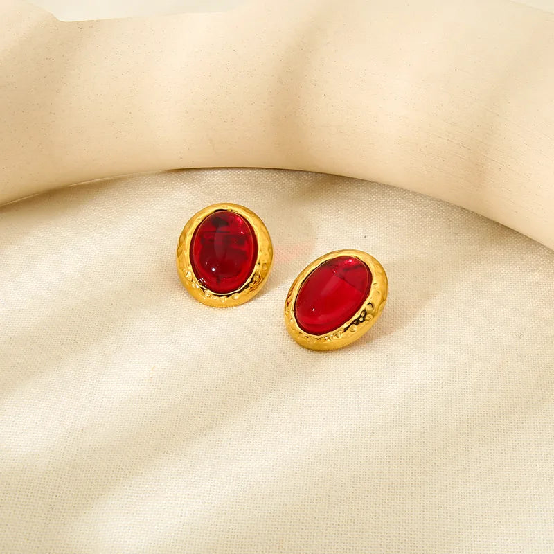 Natural Stone Embedded Oval Earrings Stainless Steel 18K Gold Plated Women's Fashion Geometric Pattern Waterproof Hoops