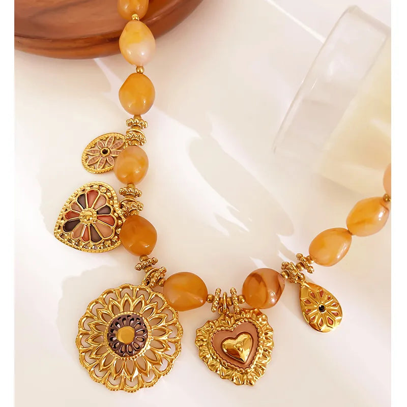 New Chinese Style Vintage Stainless Steel Irregular Yellow Beads Large Round Heart Shaped Multi Pendants 18K Gold Plated Waterproof Necklaces For Women